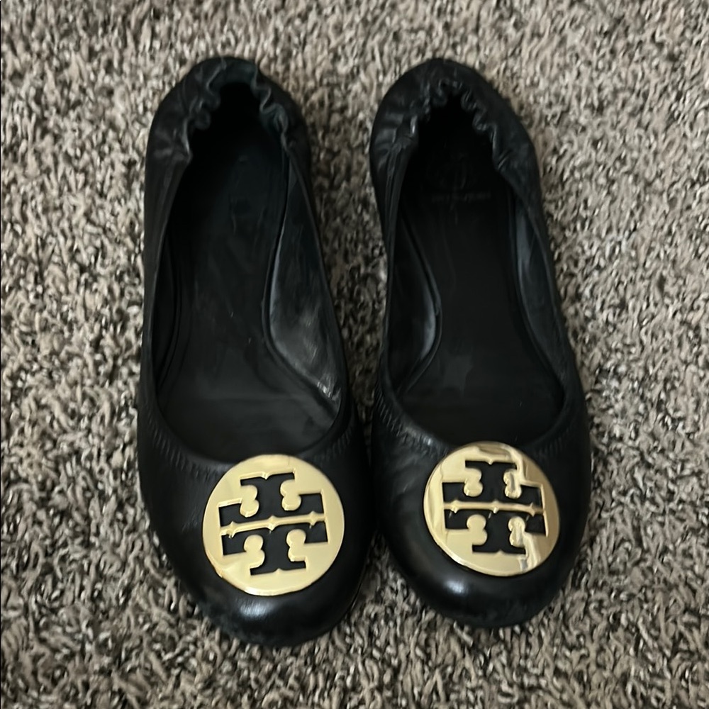 Tory Burch Black Flats with Gold Emblem